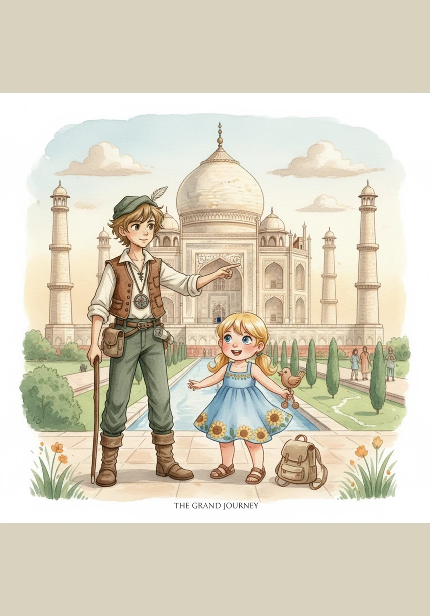 Rid and Aish stand before the magnificent Taj Mahal in India as the morning sun turns the white marble into a glowing pearl. Rid carefully studies his ancient map to find their location while Aish reaches for her pink crayon to capture the soft colors of the waking sky.