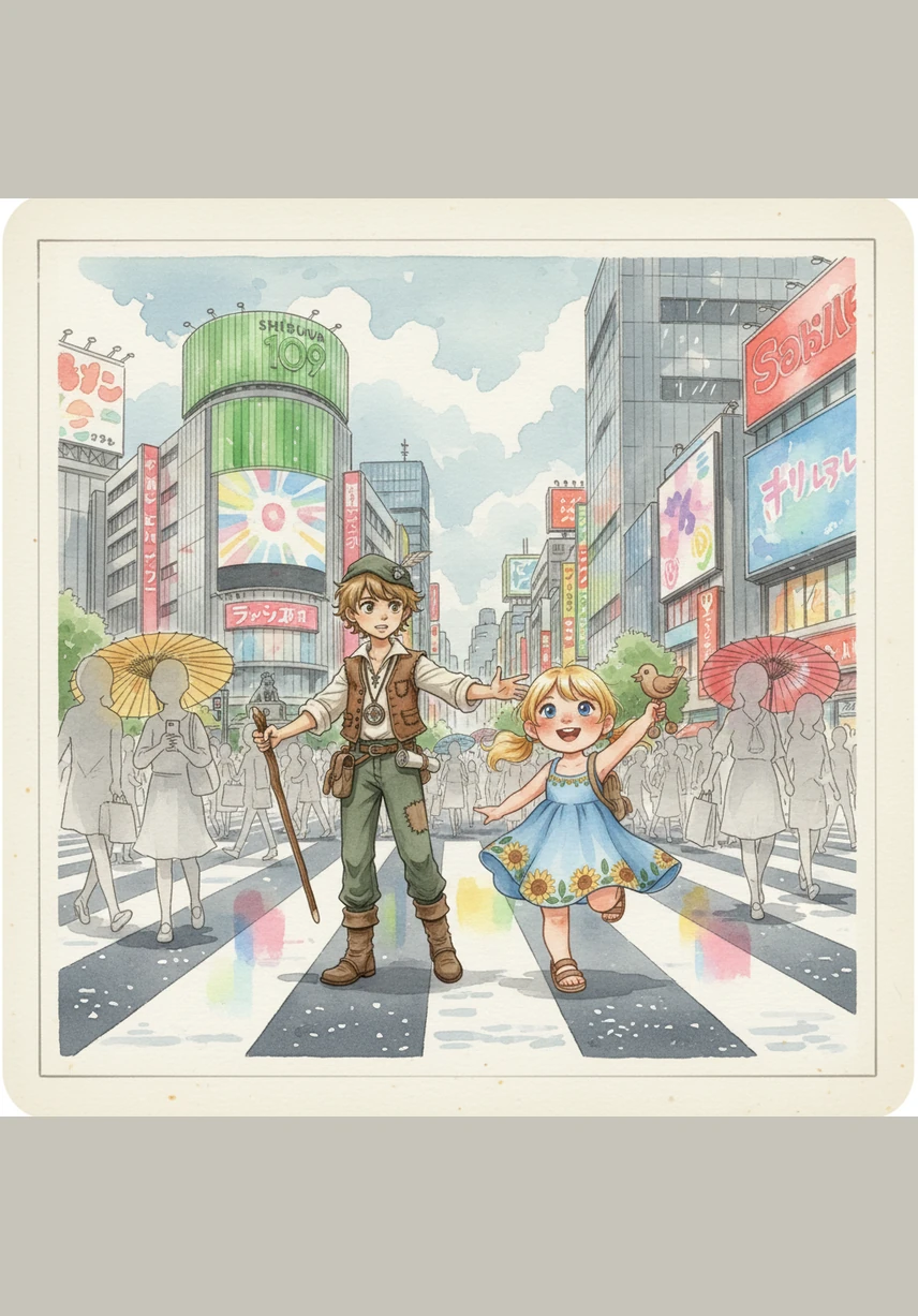 In the heart of Tokyo, Japan, the duo navigates the bustling Shibuya Crossing surrounded by towering buildings and vibrant neon signs. Rid checks his silver watch to time the fast-paced city life, and Aish uses her brightest colors to draw the electric glow of the street lights.