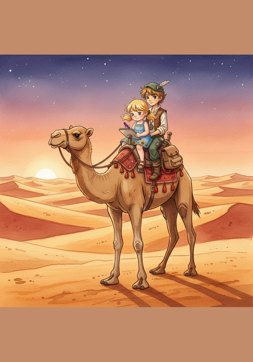 The warm air of the Sahara Desert in Morocco surrounds them as they ride tall, bumpy camels across the rolling orange sand dunes. As the sun sets and turns the desert into waves of gold, Aish tries to capture the deep purple of the evening sky with her crayons.