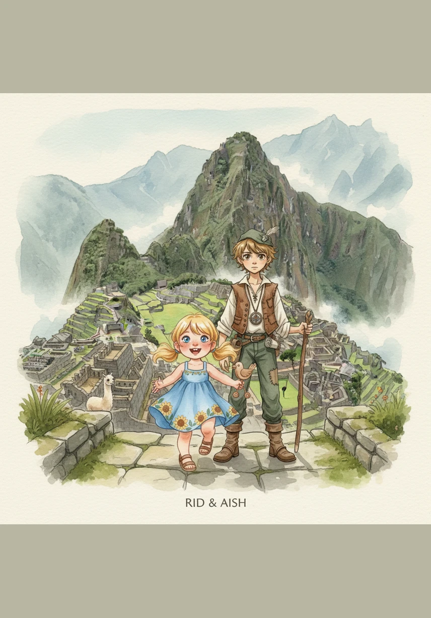 High in the misty mountains of Peru, Rid and Aish discover the ancient stone ruins of Machu Picchu tucked away in the clouds. While Rid explores the historic houses, Aish sits quietly in the grass to draw a soft, fuzzy llama with long ears grazing nearby.