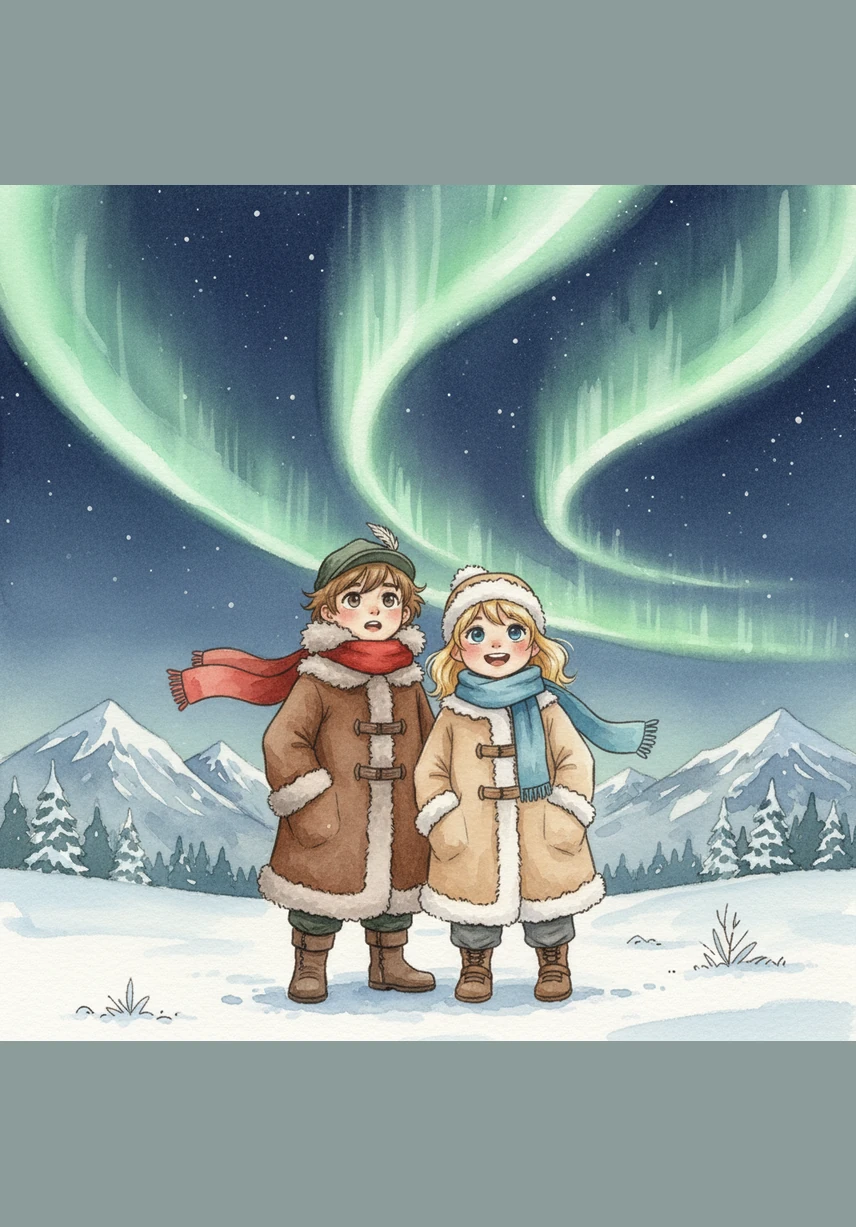 Wrapped in thick, fuzzy coats and long scarves, Rid and Aish brave the chilly night air in Iceland to witness a miracle in the sky. They watch in awe as the Aurora Borealis dances above them in ribbons of bright green and blue magic.
