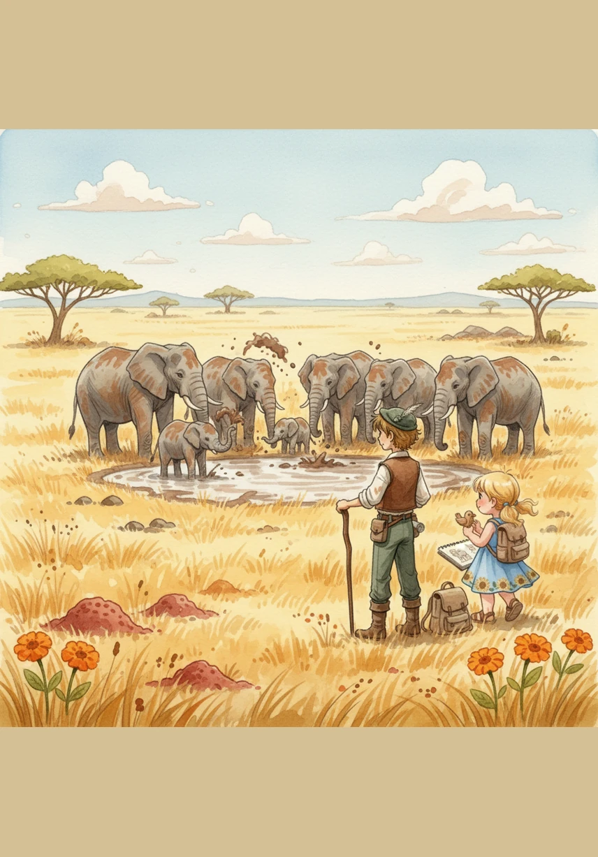 On a thrilling safari in Tanzania's Serengeti National Park, the friends ride in a green jeep through the tall, yellow grass. They spot a royal golden lion resting peacefully, and Aish stays perfectly still to sketch his magnificent mane with her golden crayon.