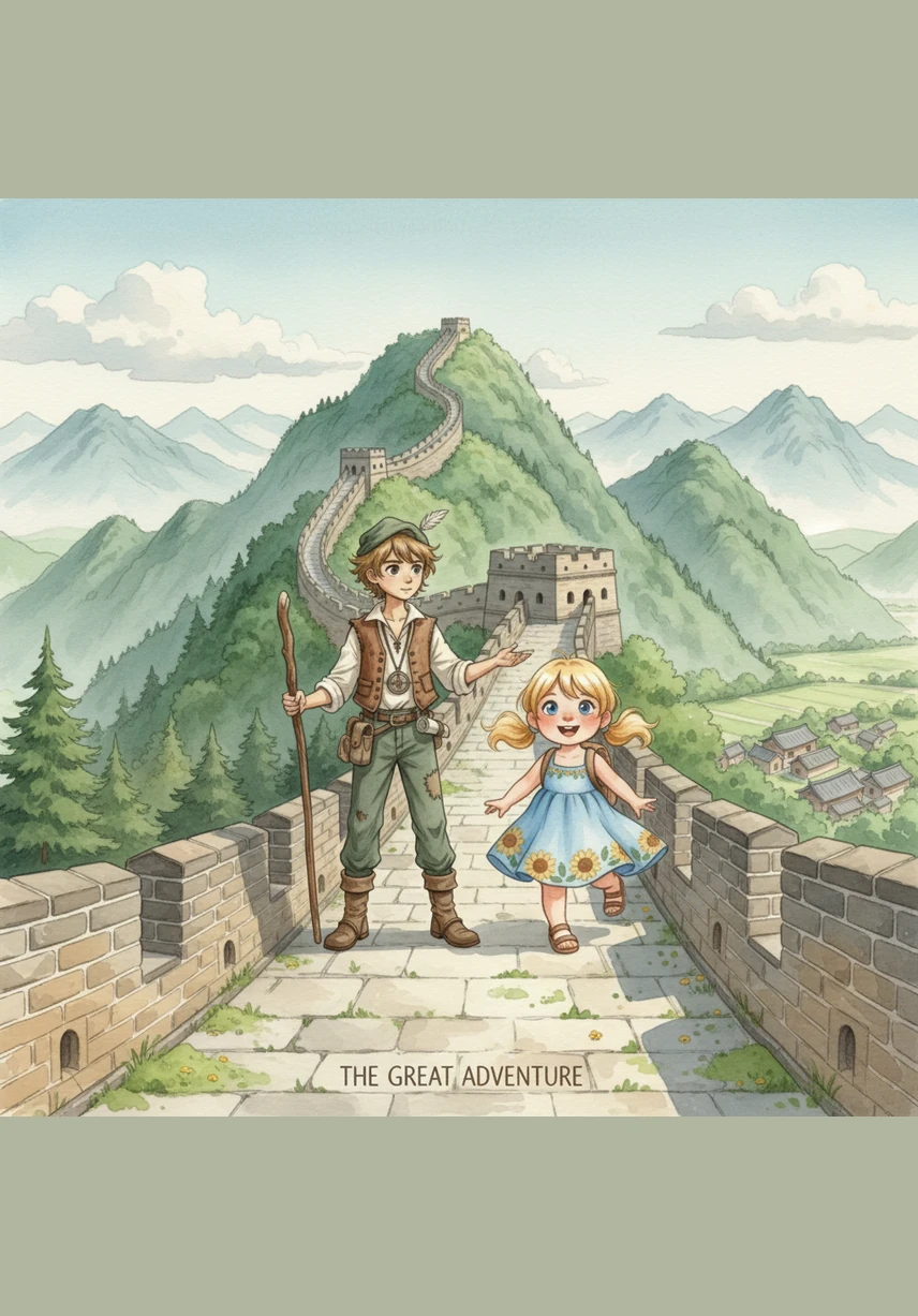 Rid and Aish walk along the Great Wall of China, which winds like a giant stone dragon over the endless green hills. Rid explains how the wall protected the land while Aish draws the tiny trees in the distance, seeing the wall as a bumpy ribbon hugging the earth.
