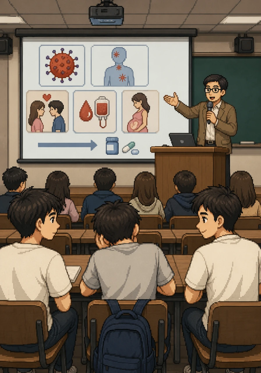 隔天通識課的講台上,教授正用投影幕展示著健康教育的圖表,認真地向台下的同學們介紹愛滋病。教授解釋愛滋病是由人類免疫缺乏病毒引起的,主要透過不安全性行為、血液和母子垂直感染,它不可怕且可以透過藥物控制,關鍵在於我們要用科學的角度去正確認識它。