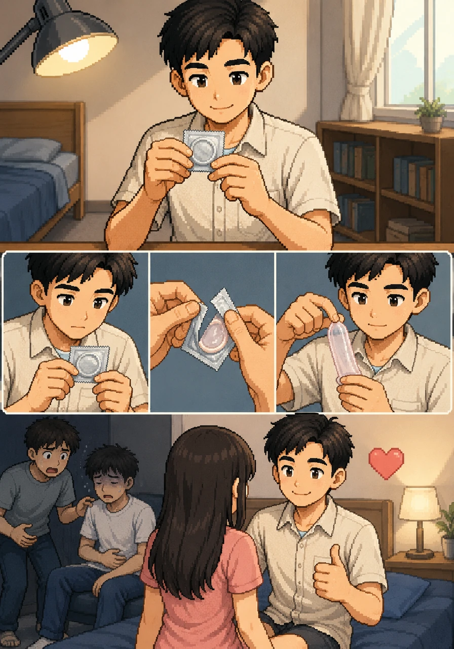 畫面的另一邊,阿誠則展現了正確防護的示範,他在明亮的燈光下冷靜地遵循安全步驟。他先仔細檢查保險套的有效期限與外包裝完整性,接著用指腹小心撕開,並在套入時輕輕捏住前端副套排出空氣,每一個細緻的動作都是對自己與伴侶最溫柔的保護。