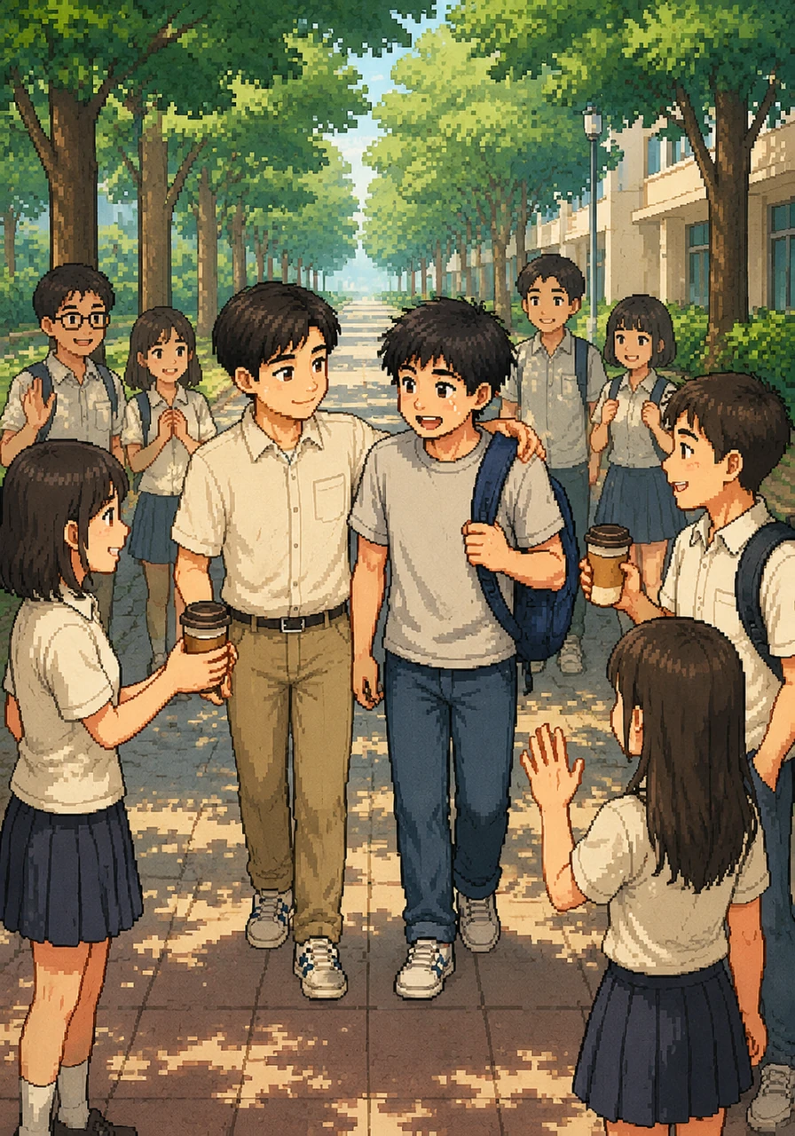 校園的林蔭大道上,阿誠和那位受到誤解的生病同學並肩同行,彼此臉上帶著溫暖的笑容。周圍的同學們也漸漸放下防備,遞上熱咖啡與關懷的問候,大家開始學習用平常心與尊重去對待愛滋病病人,讓校園氛圍從冷漠轉變為包容與理解。