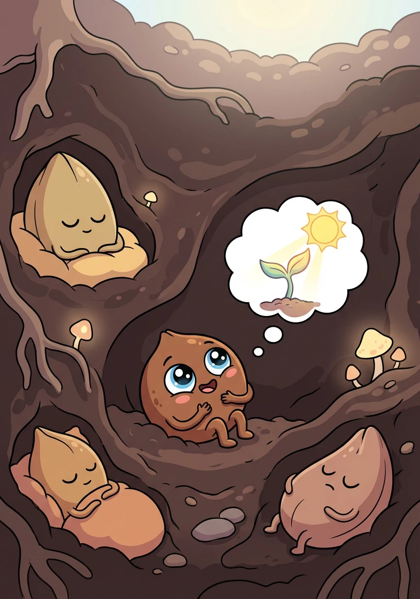 Deep underground, nestled in the dark, lived a tiny seed named Pip. Pip was smaller than all the other seeds, but he held a very big dream in his heart.
