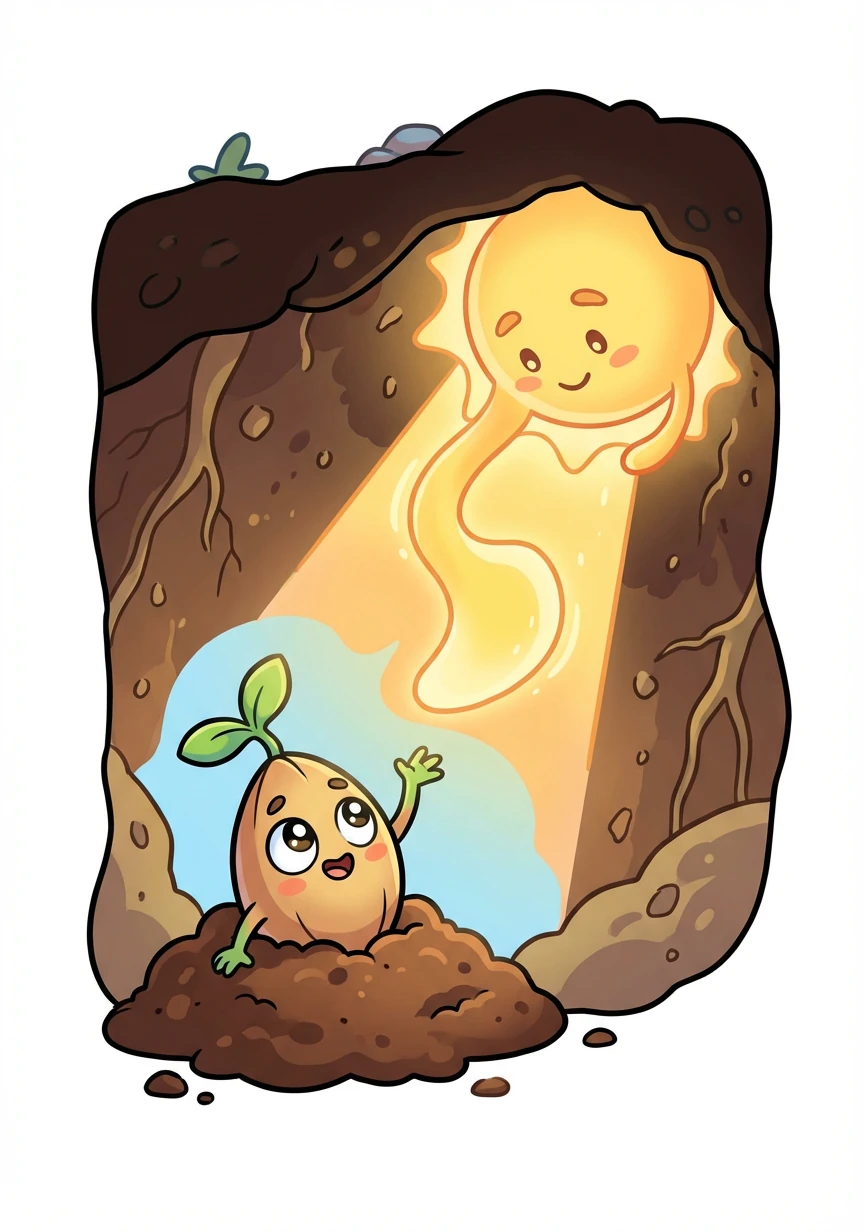 Just then, a warm ray of sunshine peeked through the soil. "Hello, little seed," the sunbeam said. "I hear you have a big dream."