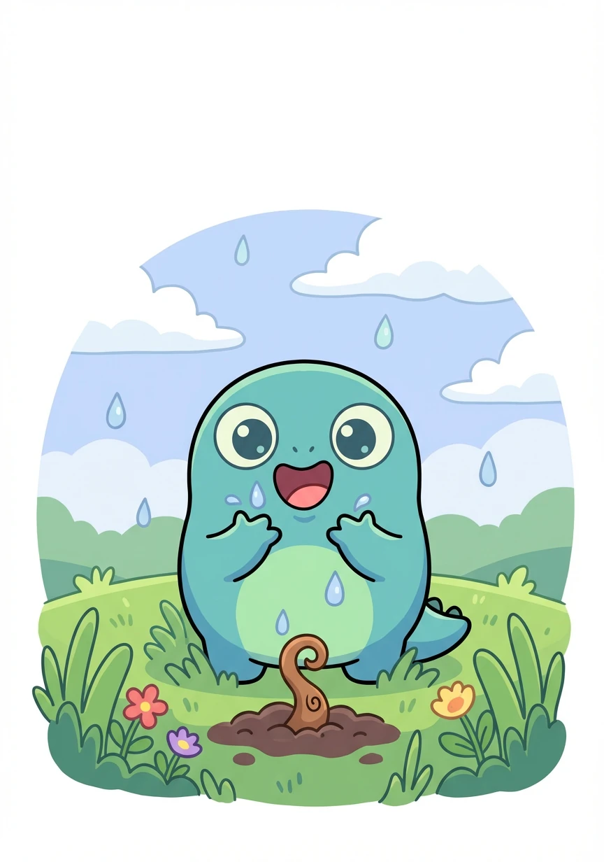 Soon, gentle raindrops began to fall. Pip drank them up, feeling himself swell. He pushed a tiny root down into the earth.