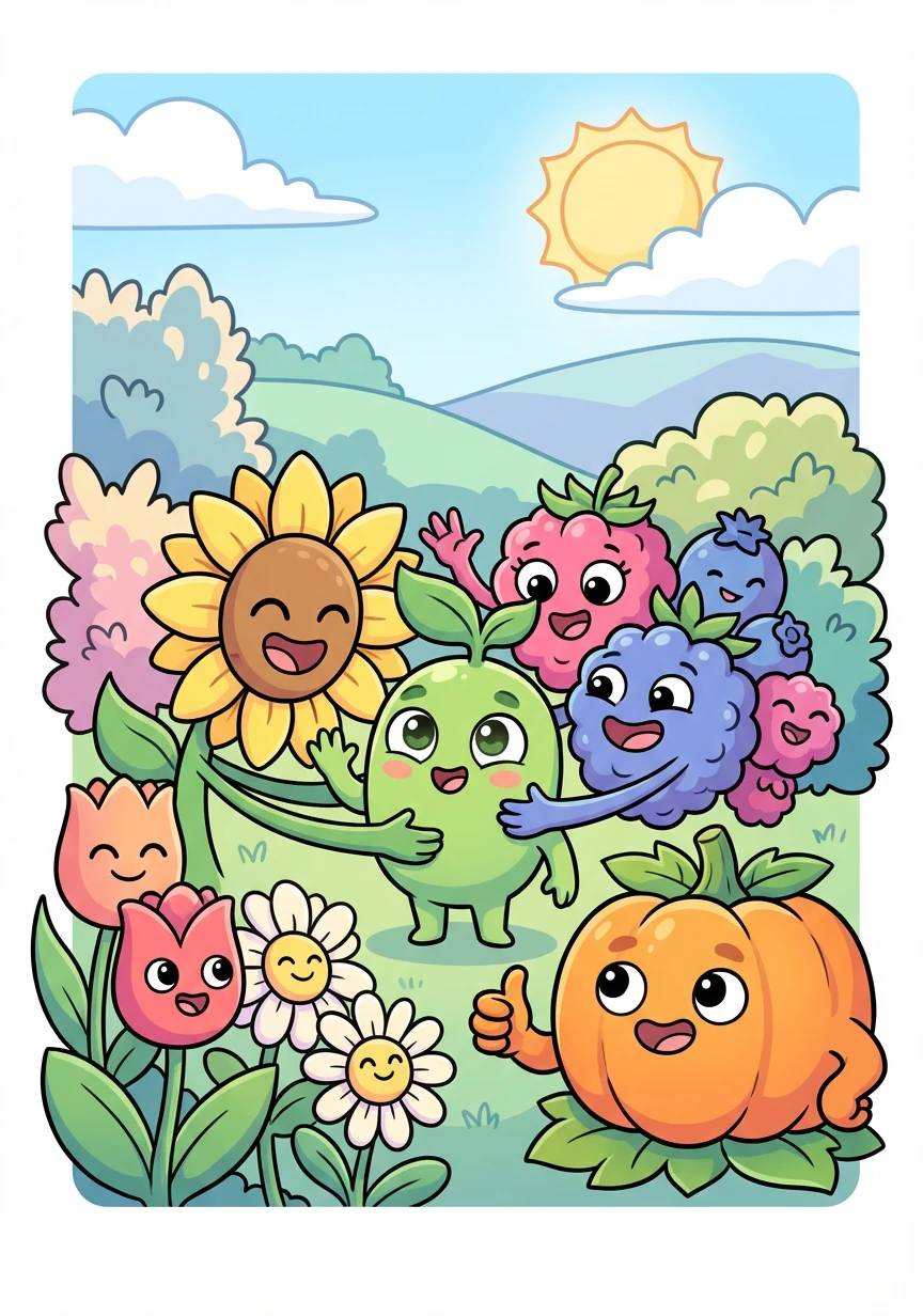 The other plants in the garden welcomed Pip. "Welcome!" they chirped. "We're so glad you're here!"