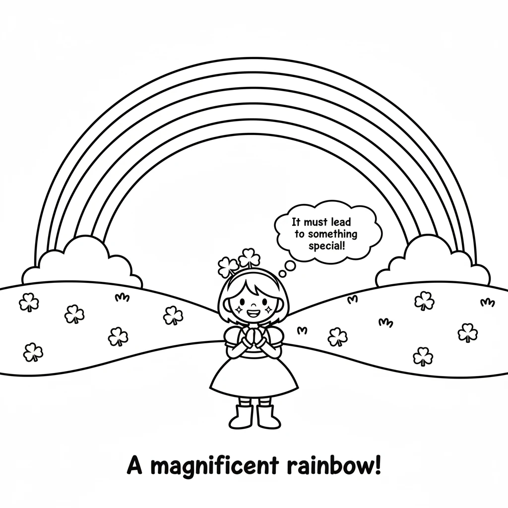 Outside, a magnificent rainbow arched high across the sky. Its vibrant colors glowed over the rolling green hills. Clover's eyes sparkled, knowing it