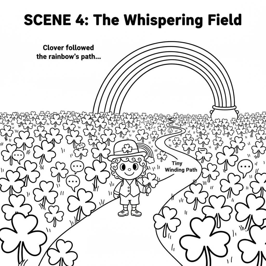 Clover followed the rainbow's path, walking through a vast field of bright green shamrocks. Each tiny leaf seemed to whisper a secret. Soon, a small,