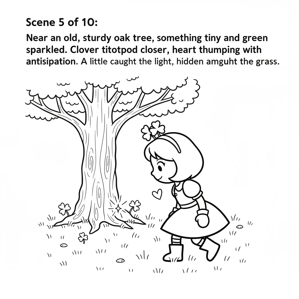 Near an old, sturdy oak tree, something tiny and green sparkled. Clover tiptoed closer, heart thumping with anticipation. A little glint caught the li