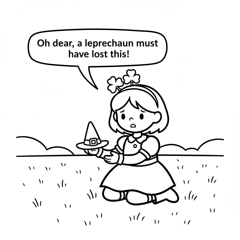 It wasn't a pot of gold, but a tiny, pointy green hat! It had a shiny buckle and looked very important. "Oh dear," Clover whispered, "a leprechaun mus
