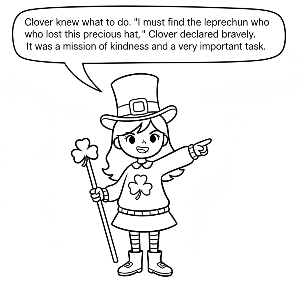 Clover knew what to do. "I must find the leprechaun who lost this precious hat," Clover declared bravely. It was a mission of kindness and a very impo