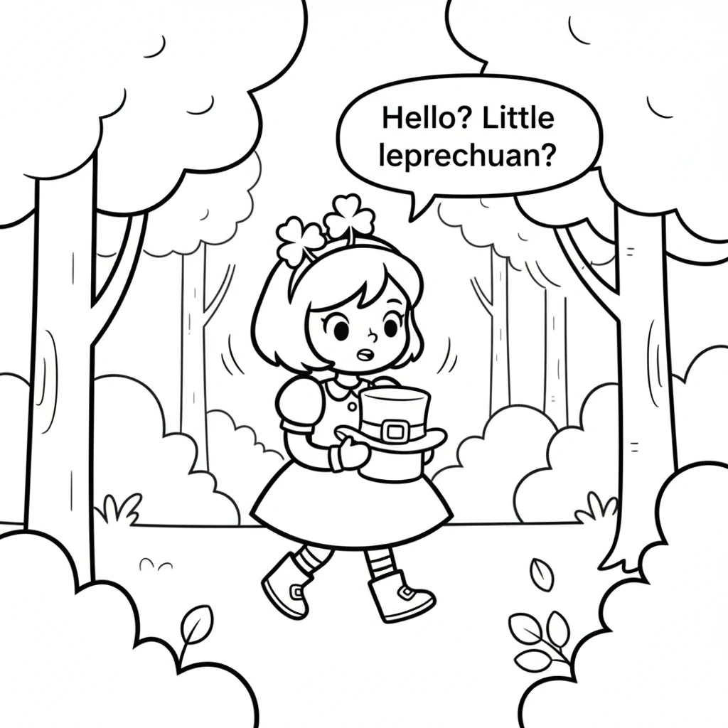 Holding the little hat carefully, Clover walked through a quiet forest. "Hello? Little leprechaun?" Clover called out gently, listening for a reply. T