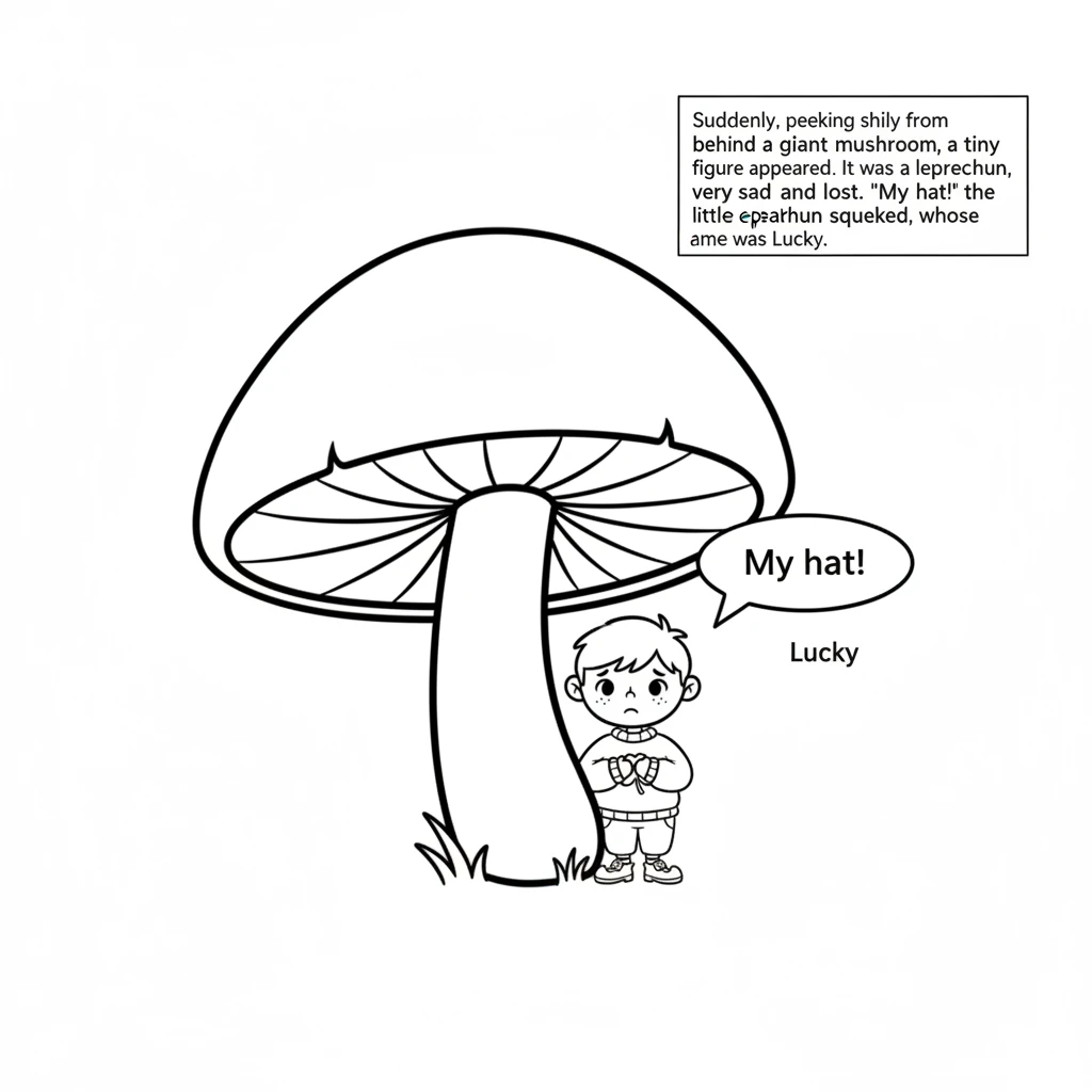 Suddenly, peeking shyly from behind a giant mushroom, a tiny figure appeared. It was a leprechaun, looking very sad and lost. "My hat!" the little lep
