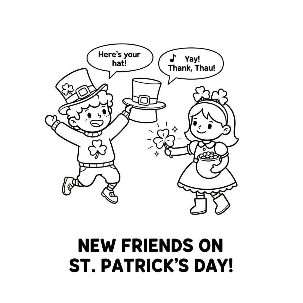 Clover happily returned the hat to Lucky. Lucky jumped with joy, doing a happy little jig. As a special thank you, Lucky gave Clover a sparkling, four