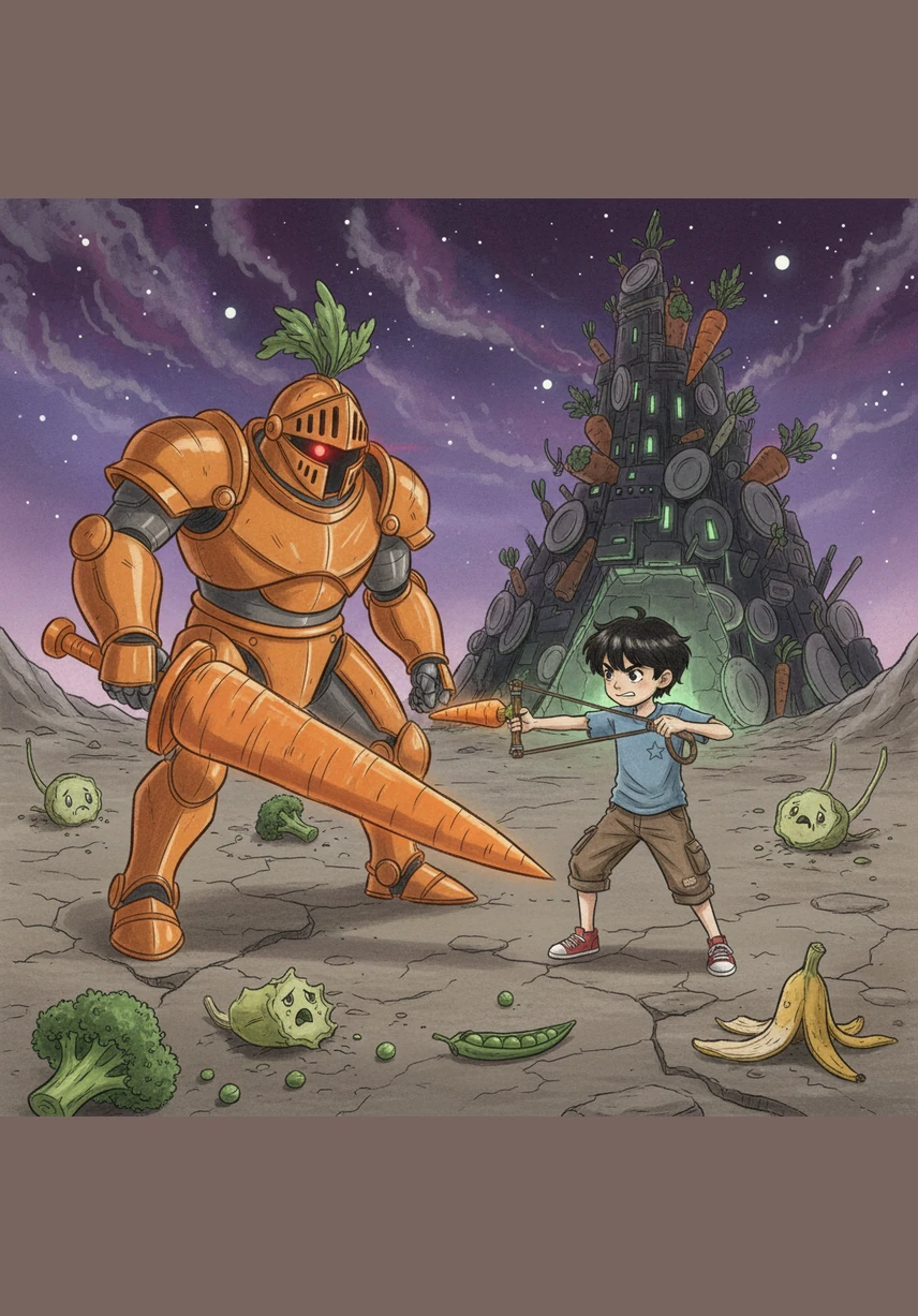 在遥远的宇宙尽头，有一颗灰蒙蒙的“挑食星”。这里的小朋友们总是皱着眉头拒绝青菜和胡萝卜，整颗星球因为缺乏活力而变得死气沉沉，安静得只能听到风声。