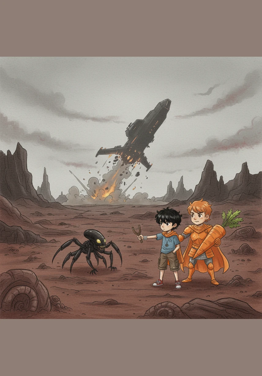 突然，一道亮橙色的光划破了灰暗的天空。一艘形状像大胡萝卜的小飞船“咻”地降落在星球中央，扬起的尘土中透出一股温暖又充满希望的气息。