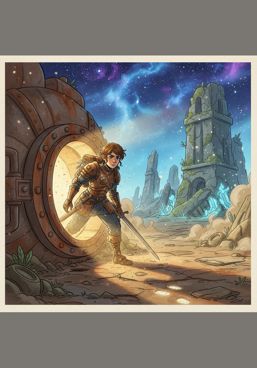 舱门缓缓打开，穿着橘色披风的艾米骑士神气地走了出来。他手里没有锋利的宝剑，而是举着一根比手臂还粗、水灵灵的超级胡萝卜，脸上挂着神秘的微笑。