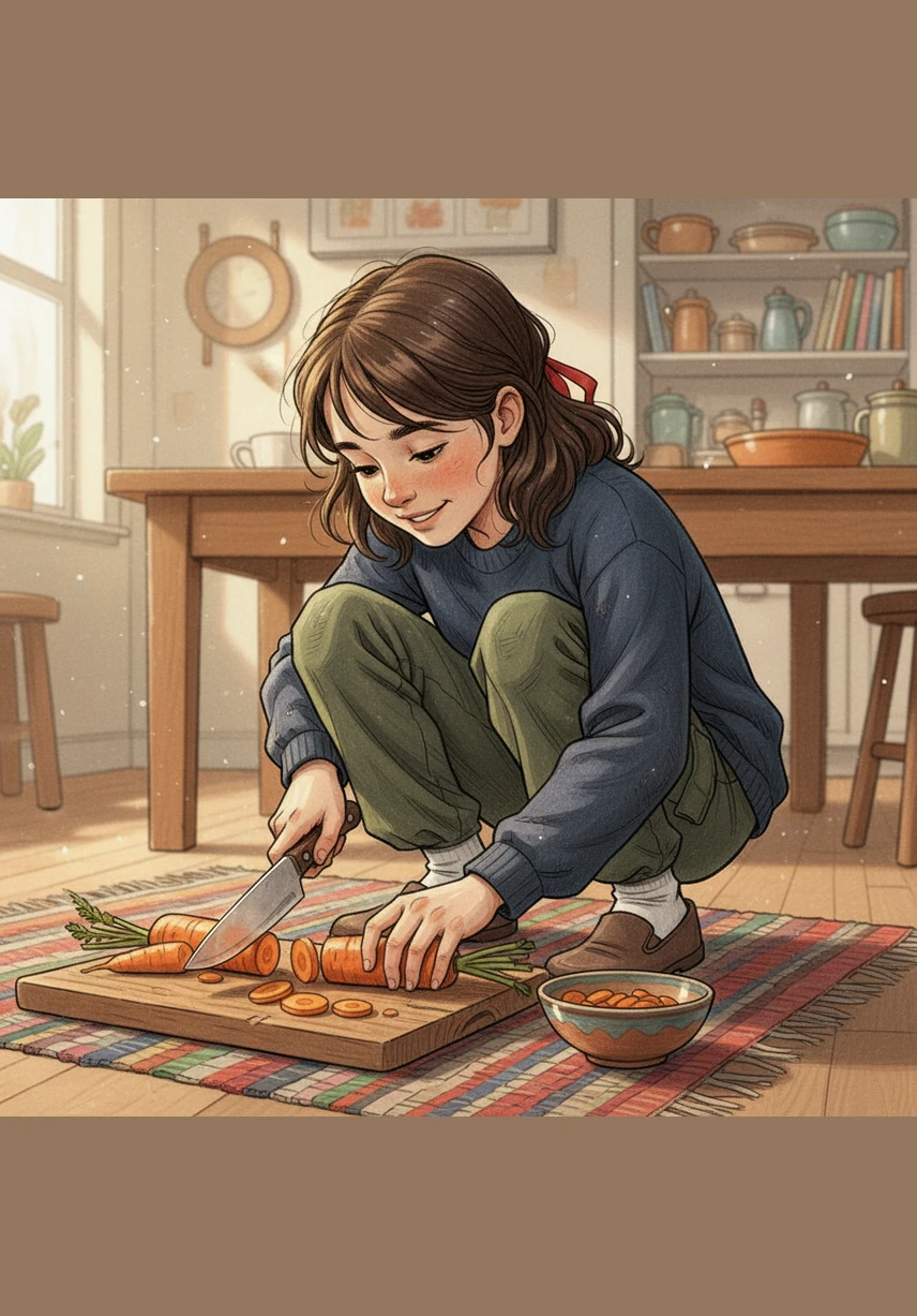 艾米蹲下身子，利落地将胡萝卜切成薄片。在他的巧手下，这些圆圆的橙色薄片竟然拼成了一只憨态可掬的小兔子，长长的耳朵和圆滚滚的尾巴显得栩栩如生。