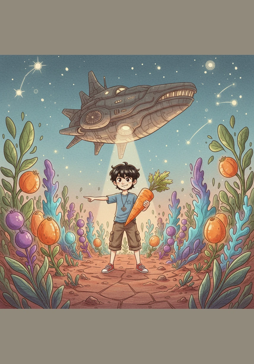 随着孩子们吃下的每一口蔬菜，星球上的灰色开始逐渐褪去。橙色的光斑像星星一样在地面上蔓延开来，原本沉寂的星球焕发出前所未有的色彩与生机。