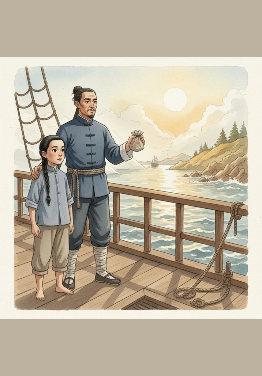 Ming stands on the deck of a wooden steamship, his eyes wide as the fog lifts to reveal the rugged coast of California, known to his family as Gold Mountain. Beside him, his father, Ba, holds a small silk pouch of soil from their village, promising that hard work will bring them a new beginning in this vast, golden land. The sun glints off the water, reflecting the hope of thousands seeking a better life.