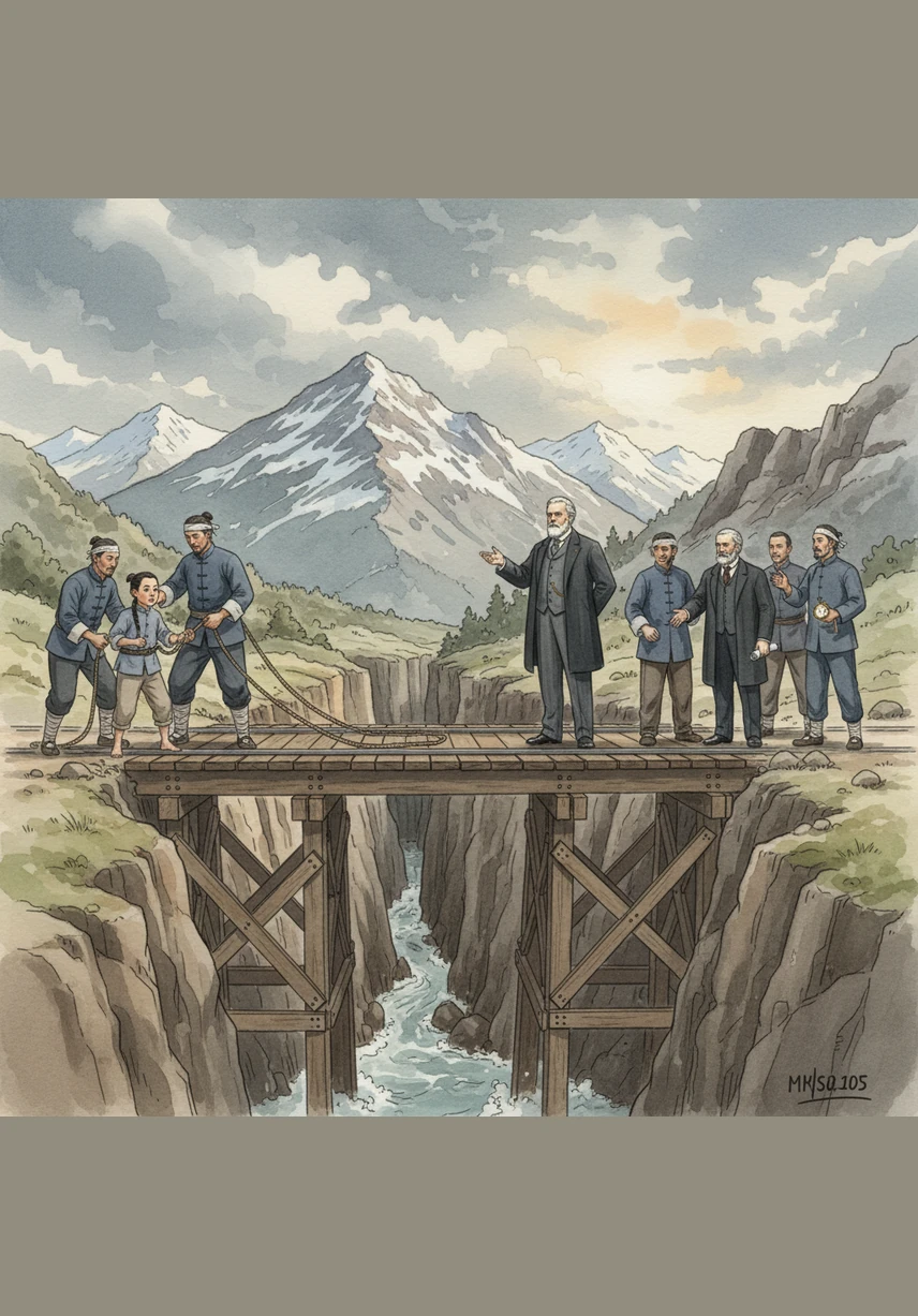 High in the Sierra Nevada mountains, Ming carries heavy buckets of water to laborers carving the Transcontinental Railroad out of solid granite. He watches as Leland Stanford hammers a ceremonial spike, but Ming knows the real work is done by men like Ba, who dangle in baskets to set blasting powder. The air is cold and thin, yet the rhythmic clinking of hammers against stone sounds like a song of progress.