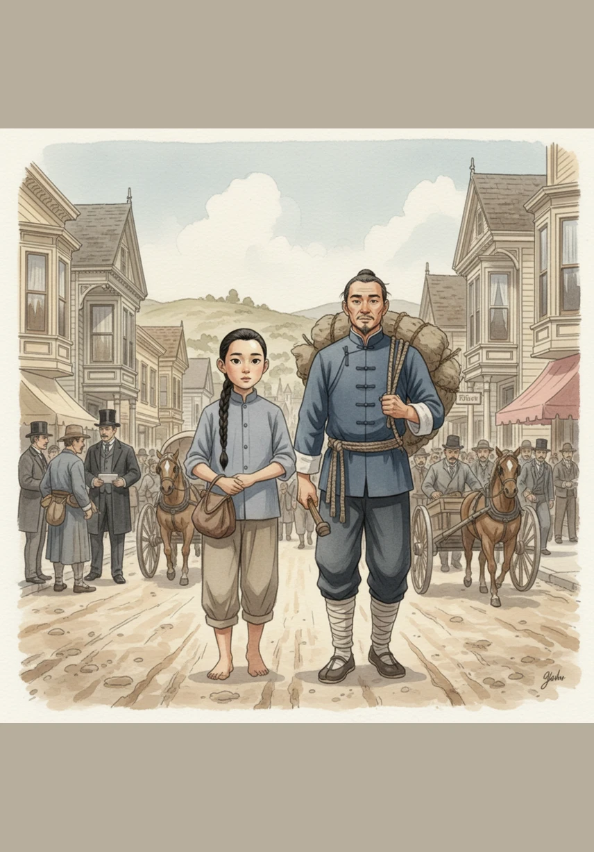 Ming and Ba move to San Francisco’s Chinatown, a bustling neighborhood filled with the scent of ginger, the sound of Cantonese opera, and vibrant red lanterns hanging from balconies. Despite the crowded wooden buildings, Ming feels a sense of home among the herbalists and tea shops. However, he notices the wary looks from people outside the neighborhood, sensing a growing chill in the city's welcome.