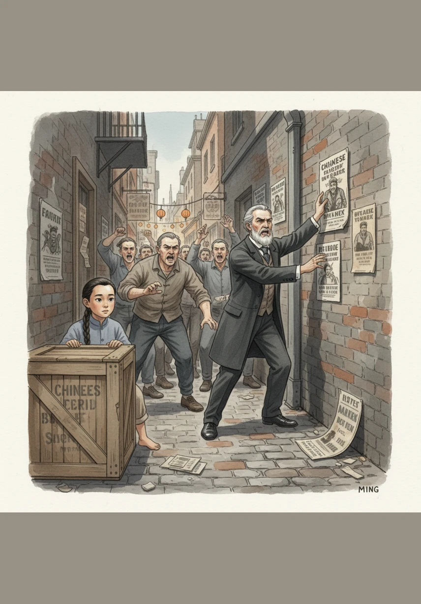 Tension boils over in the city as angry crowds gather, shouting slogans demanding that Chinese workers leave the country. Ming hides behind a crate in an alleyway, watching as posters are plastered on walls blaming his people for the economic hardships of the era. The once-bright streets of Chinatown feel smaller and darker as the shadow of prejudice stretches across the cobblestones.