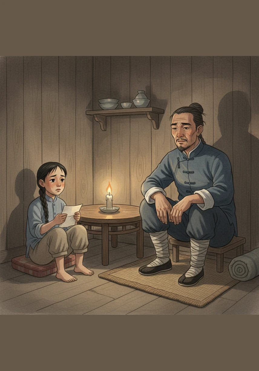 Ming sits by a flickering candle, clutching a letter from his mother that says she is forbidden from joining them due to the new law. Ba's face is etched with exhaustion and sorrow as they realize their family may remain divided for years to come. The room feels hollow, filled only with the silence of a promise broken by a distant government.