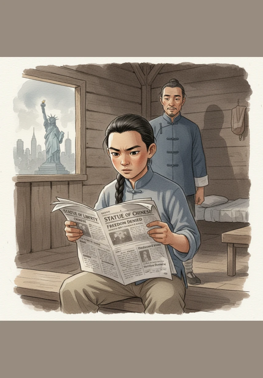Ming reads a newspaper article written by the activist Saum Song Bo, who questions why the Chinese should contribute to the Statue of Liberty's pedestal when they are denied liberty themselves. The words spark a fire in Ming’s heart, making him realize that his voice and his presence in this country are acts of bravery. He begins to see that the struggle for justice is just as important as the struggle for survival.