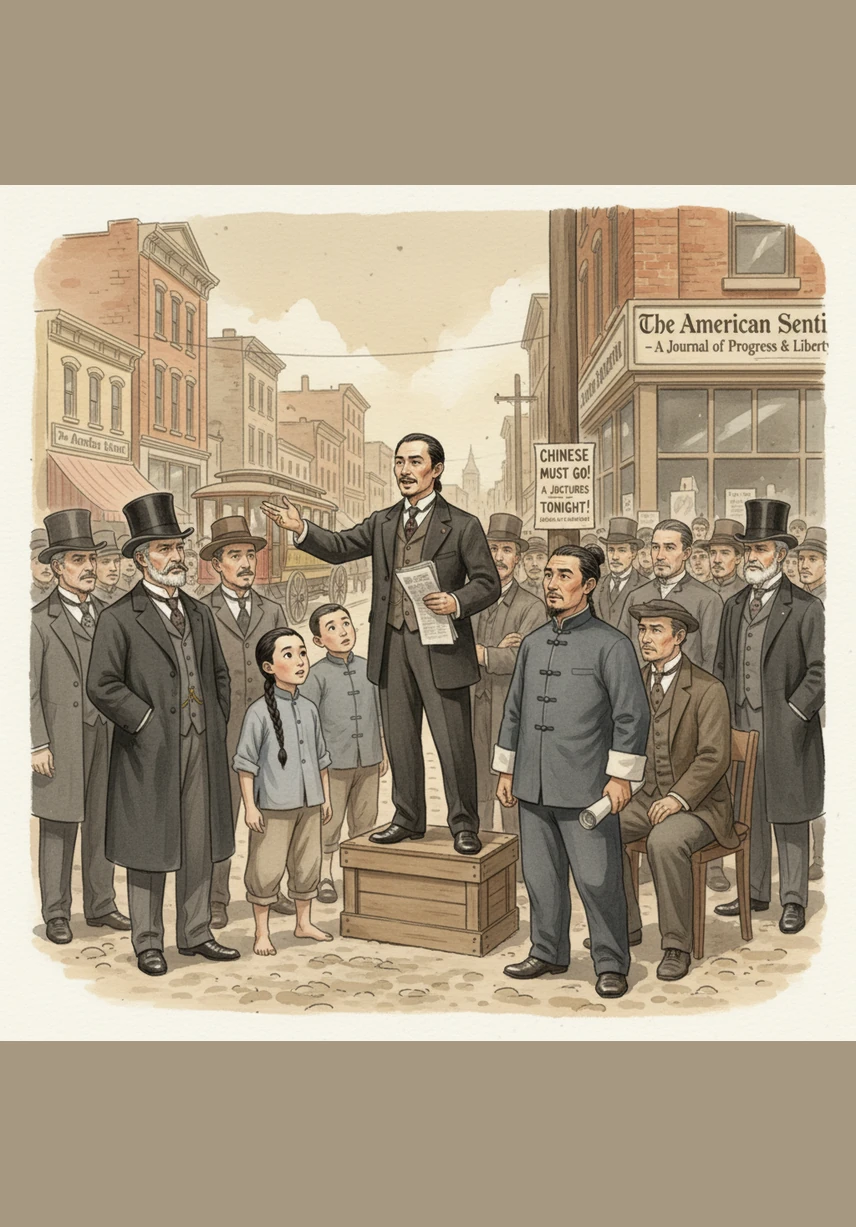 On a street corner, Ming listens to the fiery orator Wong Chin Foo, who challenges the stereotypes and defends the rights of Chinese Americans. Ming watches as Wong stands tall against a backdrop of American flags, demanding equality and respect for those who helped build the nation's railroads and mines. Inspired, Ming realizes that even when laws are unfair, people will always stand up to fight for what is right.