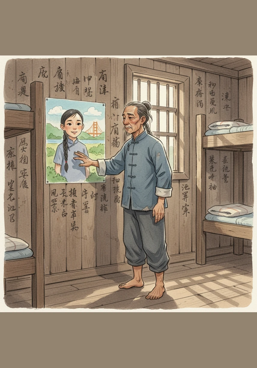 Years later, Ming stands in the barracks at Angel Island, tracing his fingers over the heartbreaking poems carved into the wooden walls by detained immigrants. The verses speak of loneliness and the long wait for freedom, echoing the silent stories of thousands who passed through these gates. He adds his own silent prayer for those still waiting, acknowledging the heavy price of the American dream.