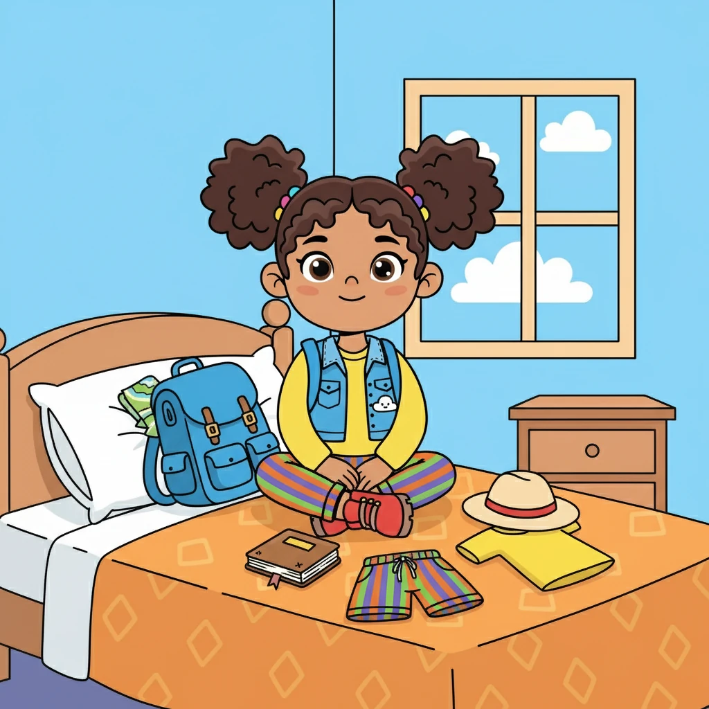 First, Maya decided to gather everything she might need. She spread out her favorite clothes on her bed: a bright yellow t-shirt, comfy shorts, and her favorite hat. She wanted to be ready for any kind of weather!