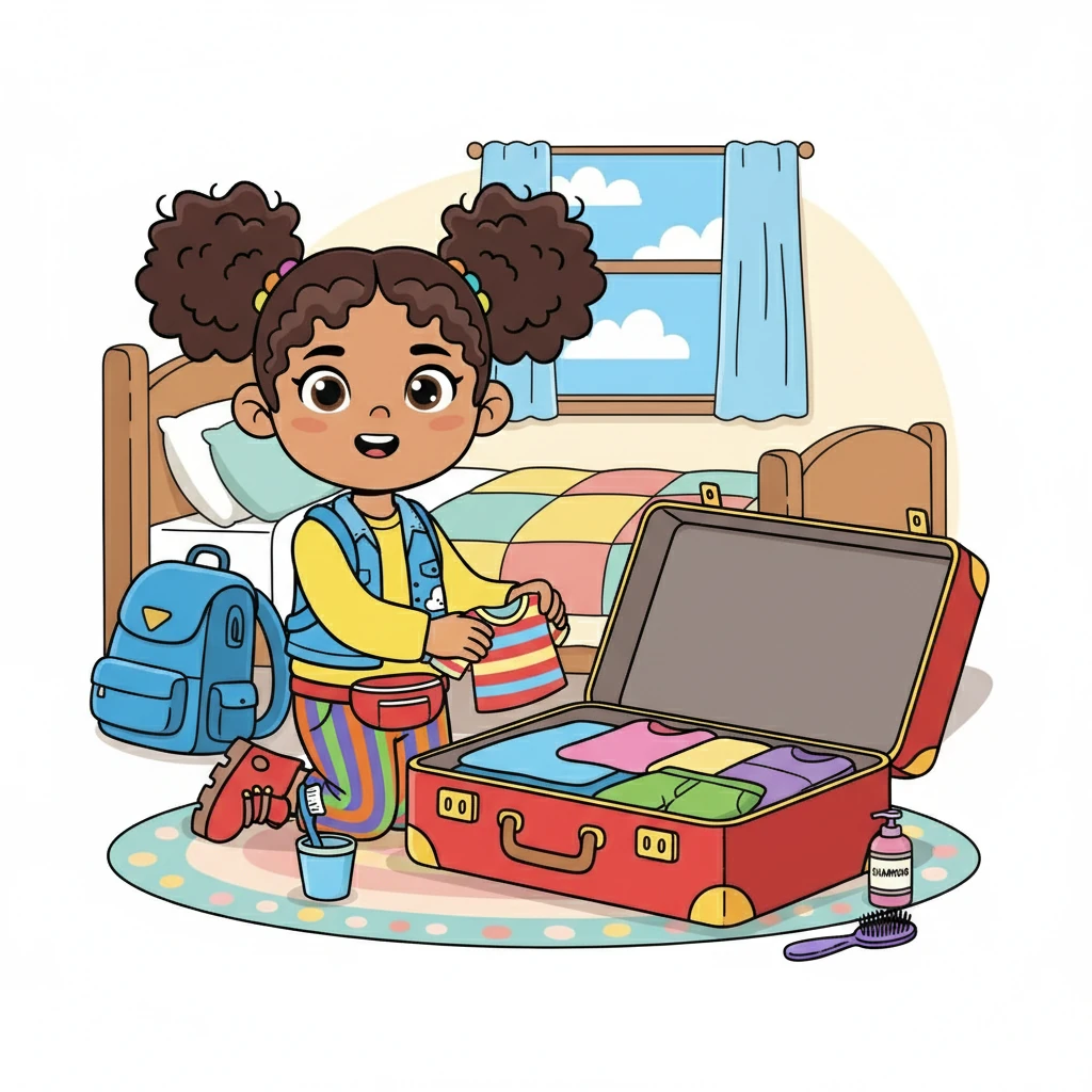 Next, Maya carefully packed her suitcase. She neatly folded her clothes and placed them inside, along with her toothbrush, toothpaste, and all her favorite toiletries. She made sure everything fit just right.