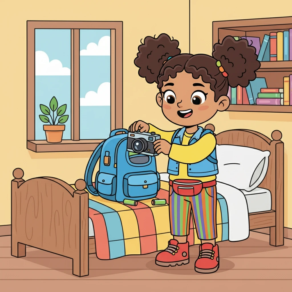 Maya remembered her camera! She loved taking pictures, and she couldn't wait to capture all the amazing sights. She gently placed her camera in her backpack, along with extra batteries.