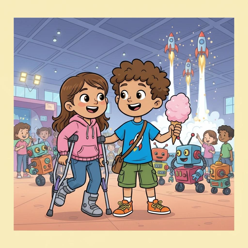 Lila, using crutches to get around, smiled as Max offered his support. They decided to face the world together, first, they went to the science fair. Max and Lila laughed at the silly robots and watched rockets launch, sharing cotton candy and happy smiles.