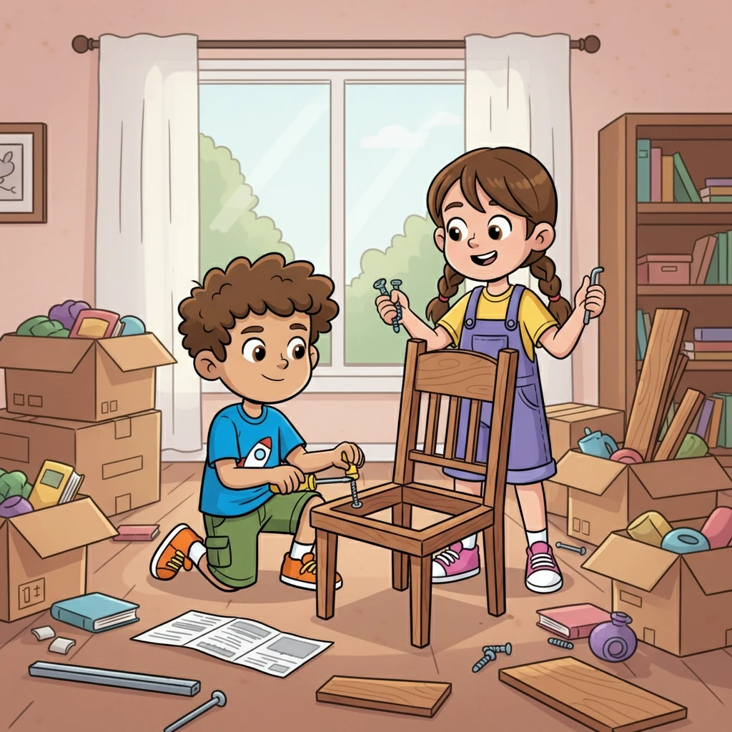 Max moved into his very first flat. The boxes were everywhere, and the furniture came in tiny pieces. With Lila by his side, they put everything together. Lila held the screws while Max turned the screwdriver. And together, their first chair stood tall.