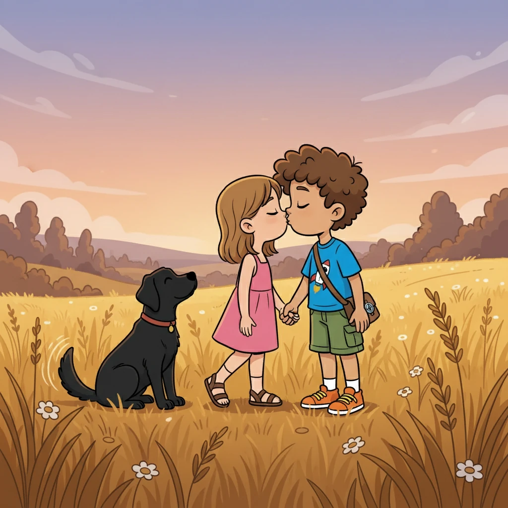 With Lila's black Labrador, Shadow, the three of them often walked through fields, Shadow's tail wagging happily. On a quiet evening, Max and Lila looked at each other and shared their first kiss, a moment of pure bliss.
