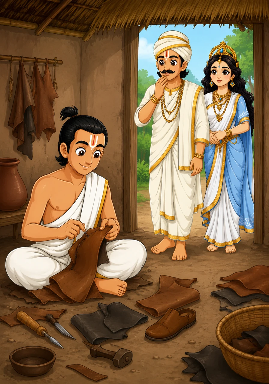 A learned Pundit, hearing of Raidas's fame, came to visit the saint's modest hut. He was surprised to see a celebrated holy man sitting on the dusty ground, surrounded by scraps of leather and simple tools, deeply absorbed in his daily labor.