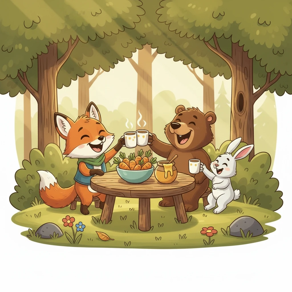 Күн шуақты таңда, достар таңғы асын бірге ішіп, әңгімелесіп отырды. Қоян бақшадан жаңа жиналған сәбіздерді әкелсе, Аю орманнан бал жинап келген. Олардың күлкісі орманға жайылып, әр күнін қуанышпен бастайтын.