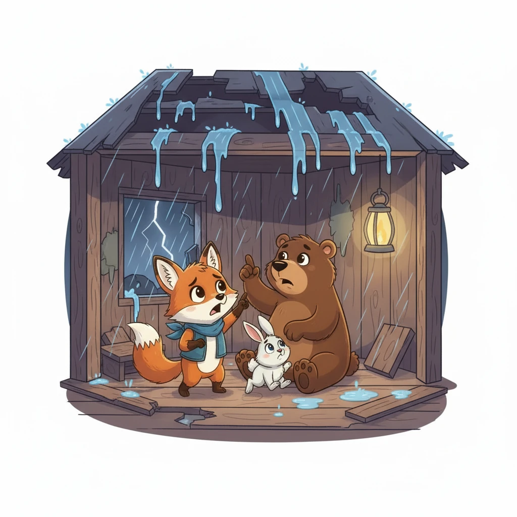 Бір күні кешке, қатты дауыл соғып, жаңбыр нөсерлеп құйды. Үйдің төбесінен су тамшылары тамшылай бастады. Достар үрейленіп, үйлерінің бүлінгеніне қатты қайғырды. Олар енді қайда тұрамыз деп уайымдады.