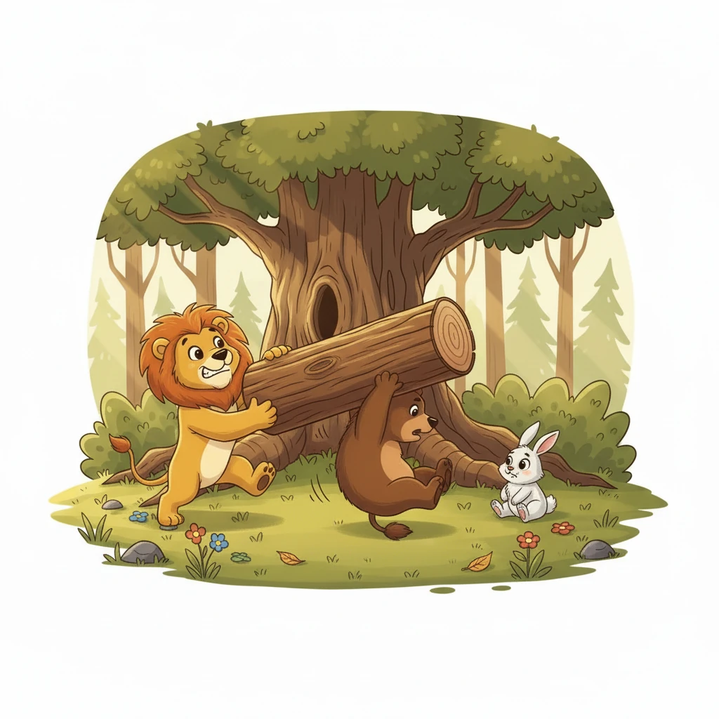 Бір кезде, Аю ауыр діңді көтеріп бара жатқанда, ол тайып кетті. Арыстан тез арада қолдау көрсетіп, діңді ұстап қалды. Осылайша, олар бір-бірінің қателіктерін түзеп, қиындықтарды бірге еңсерді.