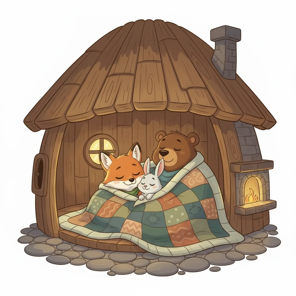 Төрт дос жаңа жөнделген үйлерінде жылы көрпе астында тыныш ұйықтап жатты. Олардың үйі енді одан да берік, одан да сүйікті болды. Олардың достығы мәңгілікке жалғасатынын білді.