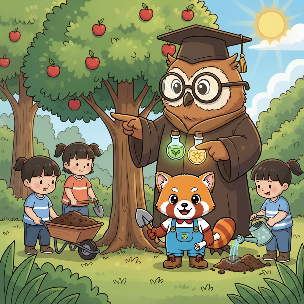 小布找到了聰明的貓頭鷹博士，貓頭鷹博士告訴他需要特別的肥料和陽光。 小布和小朋友們開始行動起來，他們一起收集肥料，搬運土壤，並每天為蘋果樹澆水。