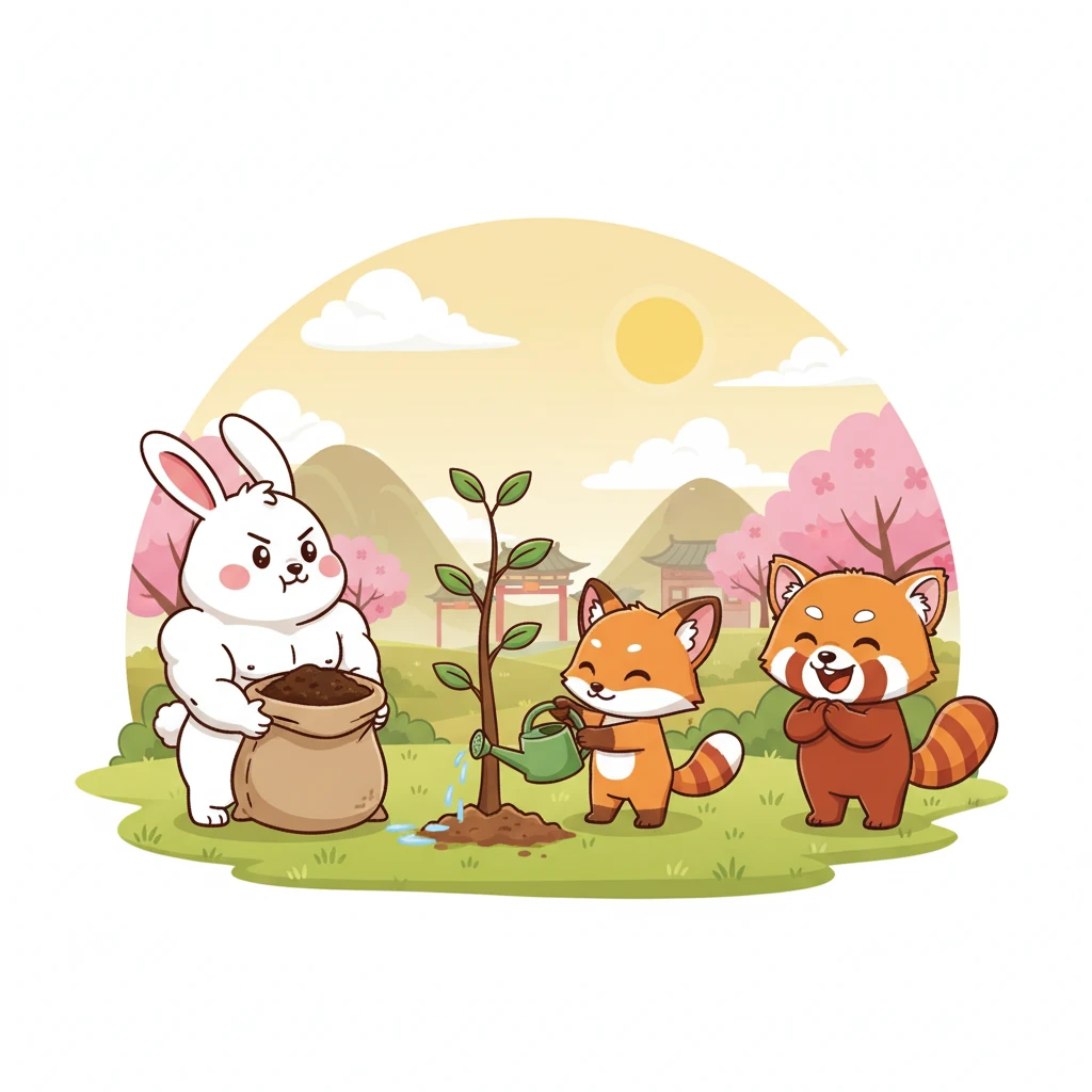 朋友們分工合作，胖胖兔用他強壯的身體搬運肥料，小狐狸則負責澆水。 小布則負責鼓勵大家，讓大家保持希望和動力。 大家都齊心協力，為蘋果樹努力。