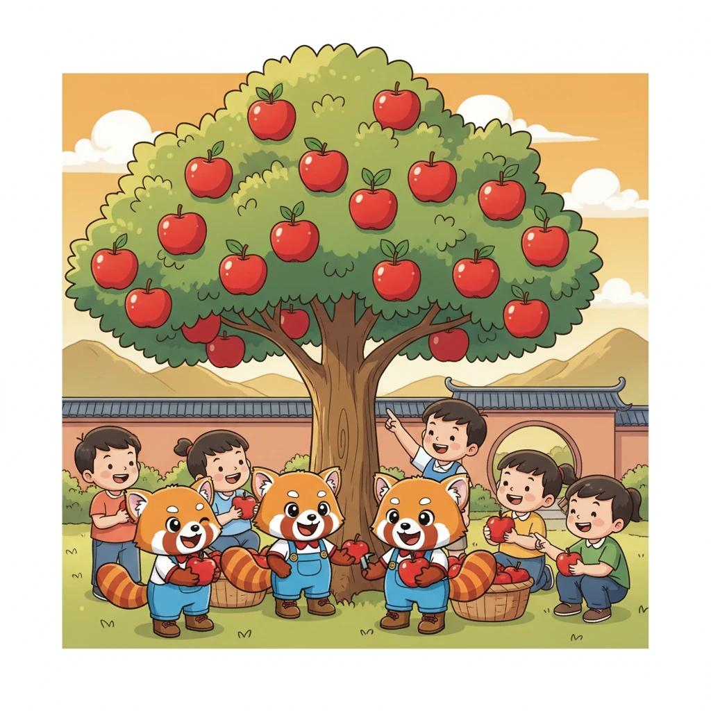 經過幾天的努力，蘋果樹漸漸恢復了生機，結出了又大又紅的蘋果。 小朋友們興奮地圍在蘋果樹下，分享著豐收的喜悅。 他們知道，團結合作能克服一切困難。