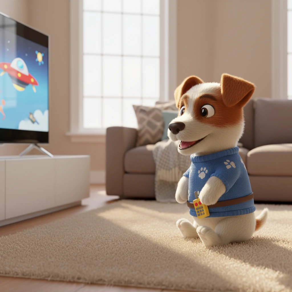 Holly, a spirited Jack Russell terrier, sits patiently on a plush rug, her bright eyes fixed on a large, modern television screen. Sunlight streams through a nearby window, illuminating the fine texture of her white and brown fur. The living room is cozy, with a soft throw blanket draped over a sofa in the background.